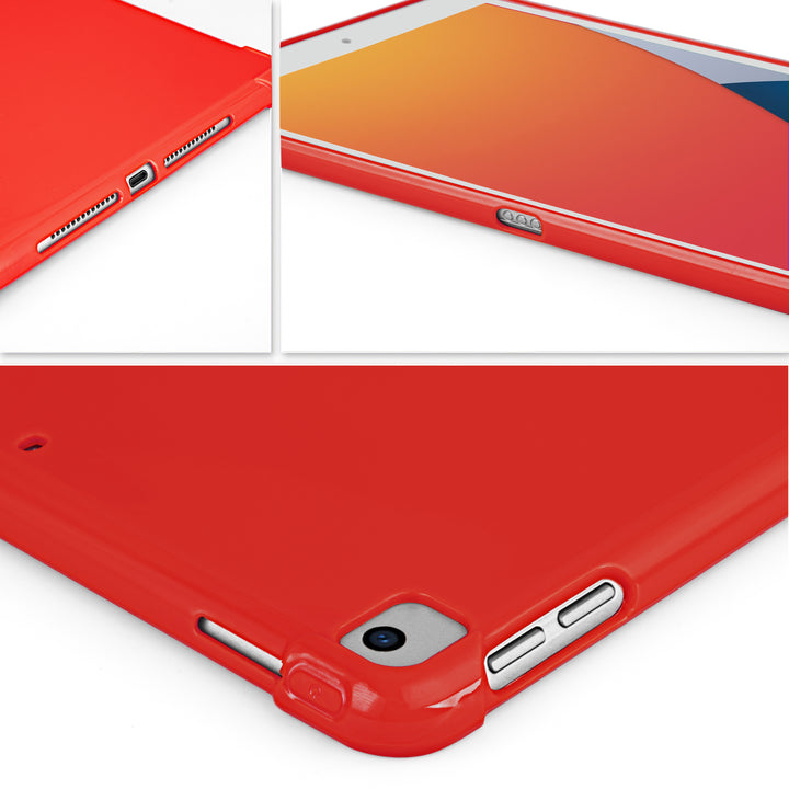 A red silicone case with corner-bumpers covering the back of an Apple iPad. #color_red