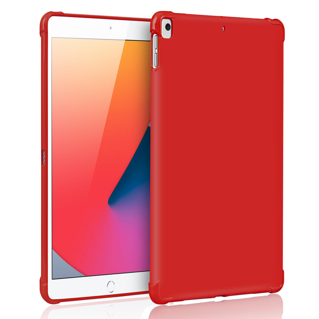 A red silicone case with corner-bumpers covering the back of an Apple iPad. #color_red