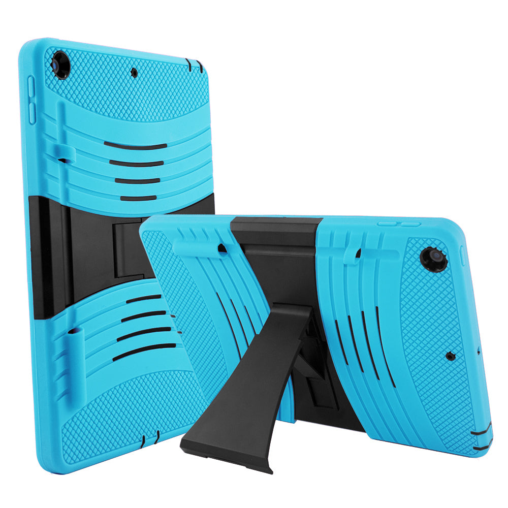 A light blue tablet case, made of silicone and polymer, with a kickstand. The kickstand is extended to hold a tilted tablet.  #color_light-blue