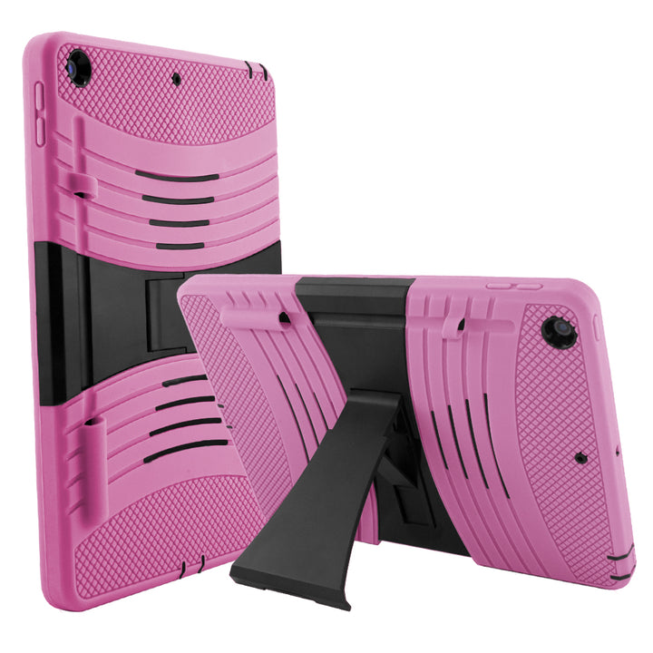 A light pink tablet case, made of silicone and polymer, with a kickstand. The kickstand is extended to hold a tilted tablet. #color_light-pink