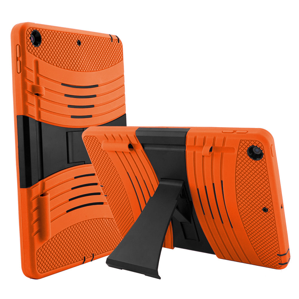 A orange tablet case, made of silicone and polymer, with a kickstand. The kickstand is extended to hold a tilted tablet.  #color_orange