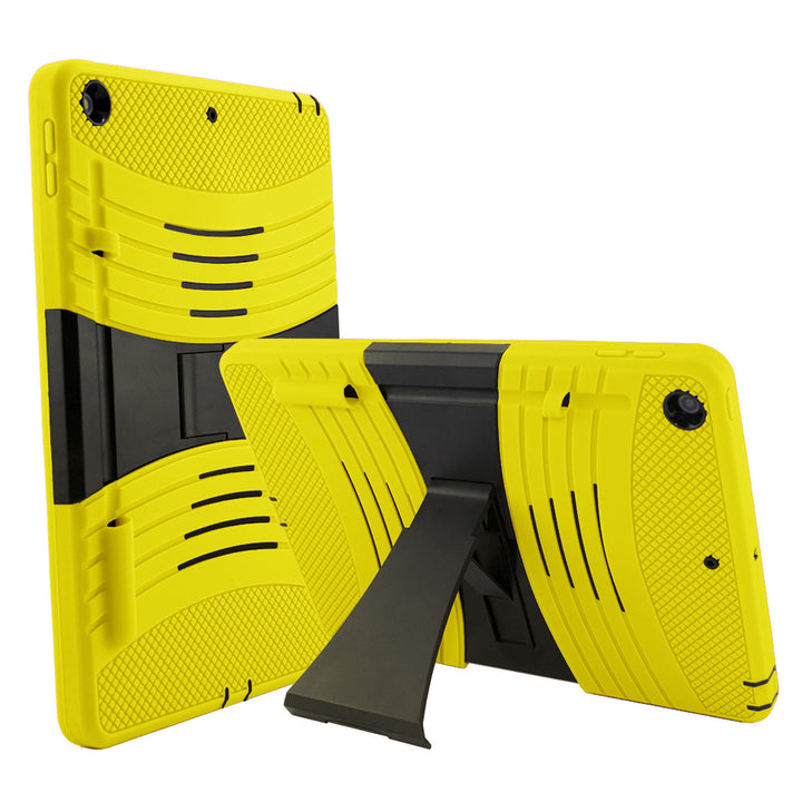 A yellow tablet case, made of silicone and polymer, with a kickstand. The kickstand is extended to hold a tilted tablet. #color_yellow
