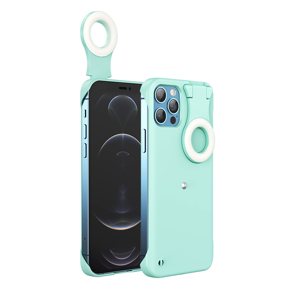 A green plastic case with a flip up ring light. The ring light is flipped up to facing the screen for illuminating selfies. The case is fitted for the iPhone 12 Pro. #color_green