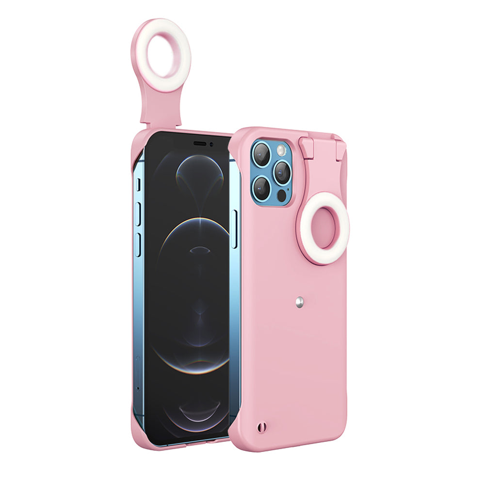 A pink plastic case with a flip up ring light. The ring light is flipped up to facing the screen for illuminating selfies. #color_hot-pink