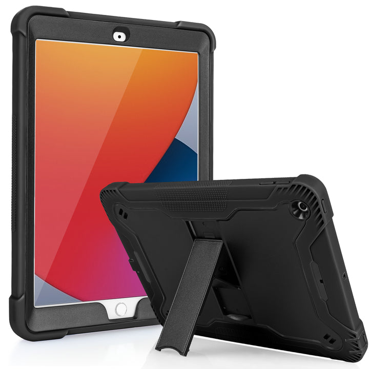 A Guardian case made of black polymer and black silicone encasing an iPad 10.2. The Guardian case has an integrated kickstand. The kickstand is extended to hold both the iPad and case in a tilted-landscape position. #color_black-black