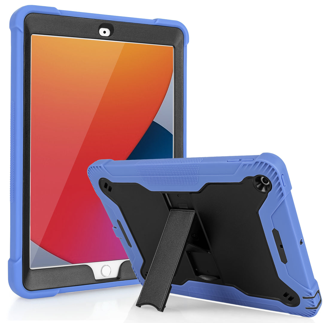 A Guardian case made of black polymer and blue silicone encasing an iPad 10.2. The Guardian case has an integrated kickstand. The kickstand is extended to hold both the iPad and case in a tilted-landscape position. #color_black-blue