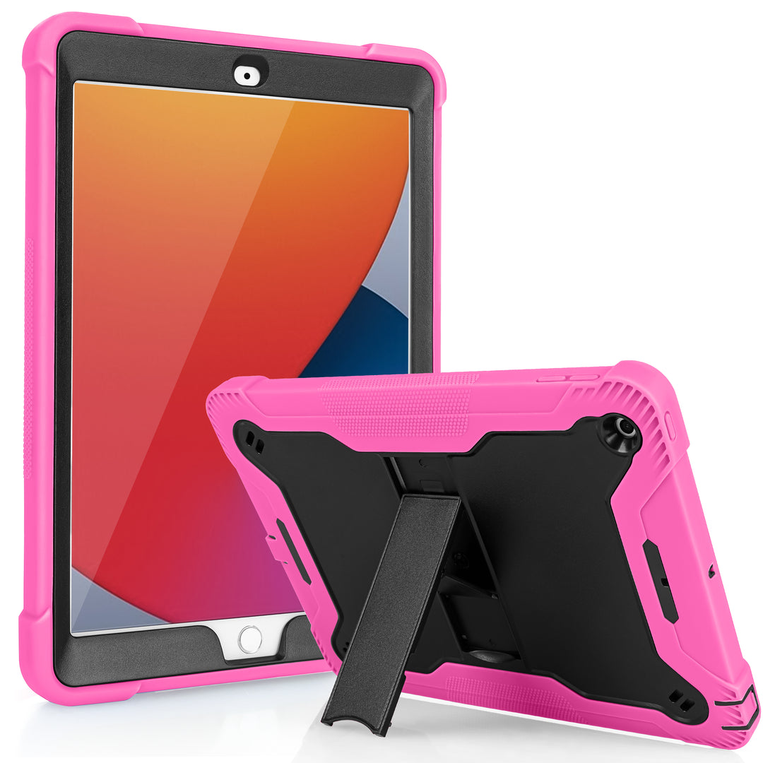 A Guardian case made of black polymer and pink silicone encasing an iPad 10.2. The Guardian case has an integrated kickstand. The kickstand is extended to hold both the iPad and case in a tilted-landscape position. #color_black-hot-pink
