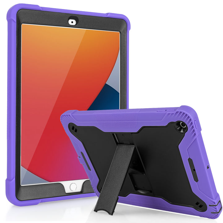 A Guardian case made of black polymer and purple silicone encasing an iPad 10.2. The Guardian case has an integrated kickstand. The kickstand is extended to hold both the iPad and case in a tilted-landscape position. #color_black-purple