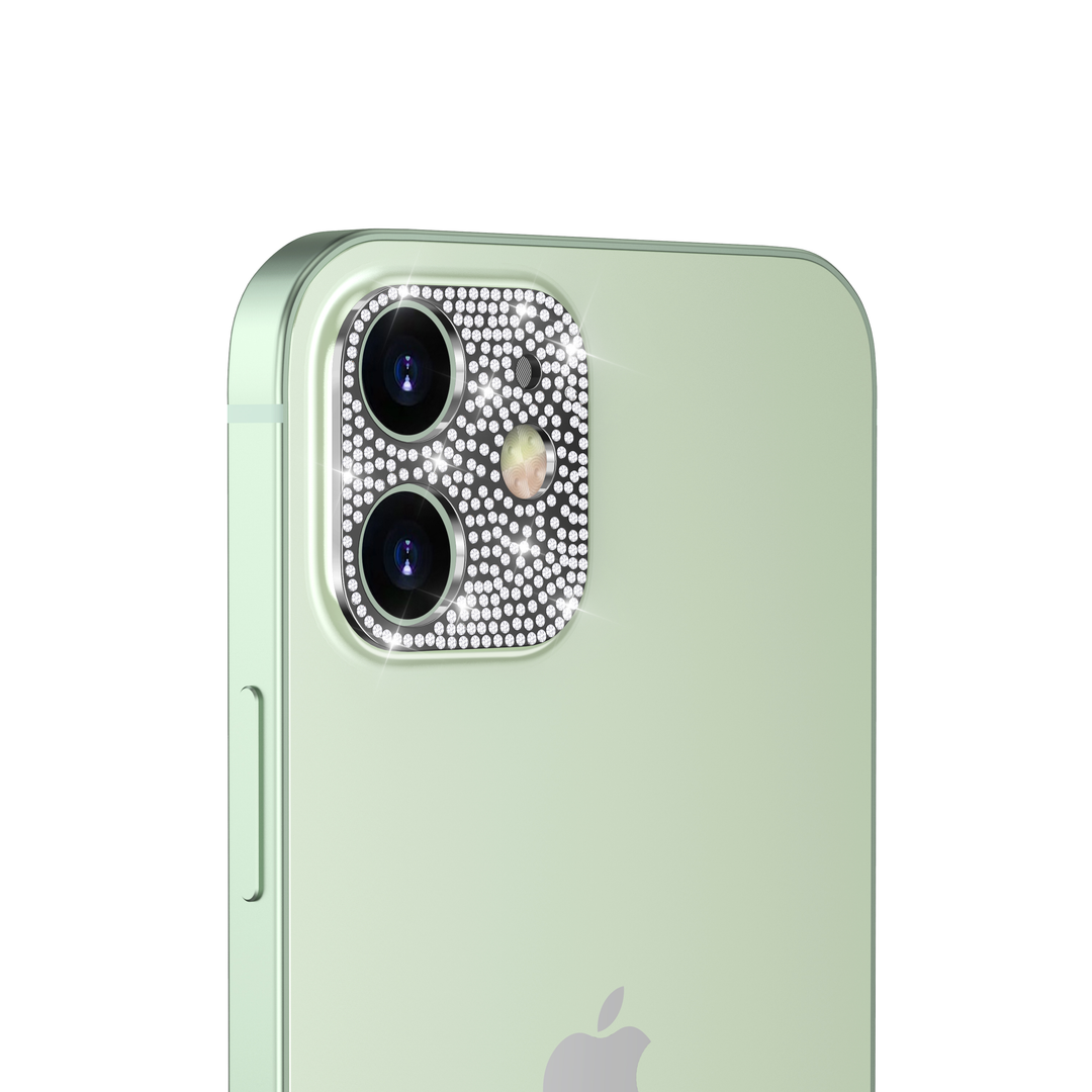 A black, aesthetic camera cover, made with faux diamond rhinestones. The camera cover is fitted for the iPhone 12. #color_black