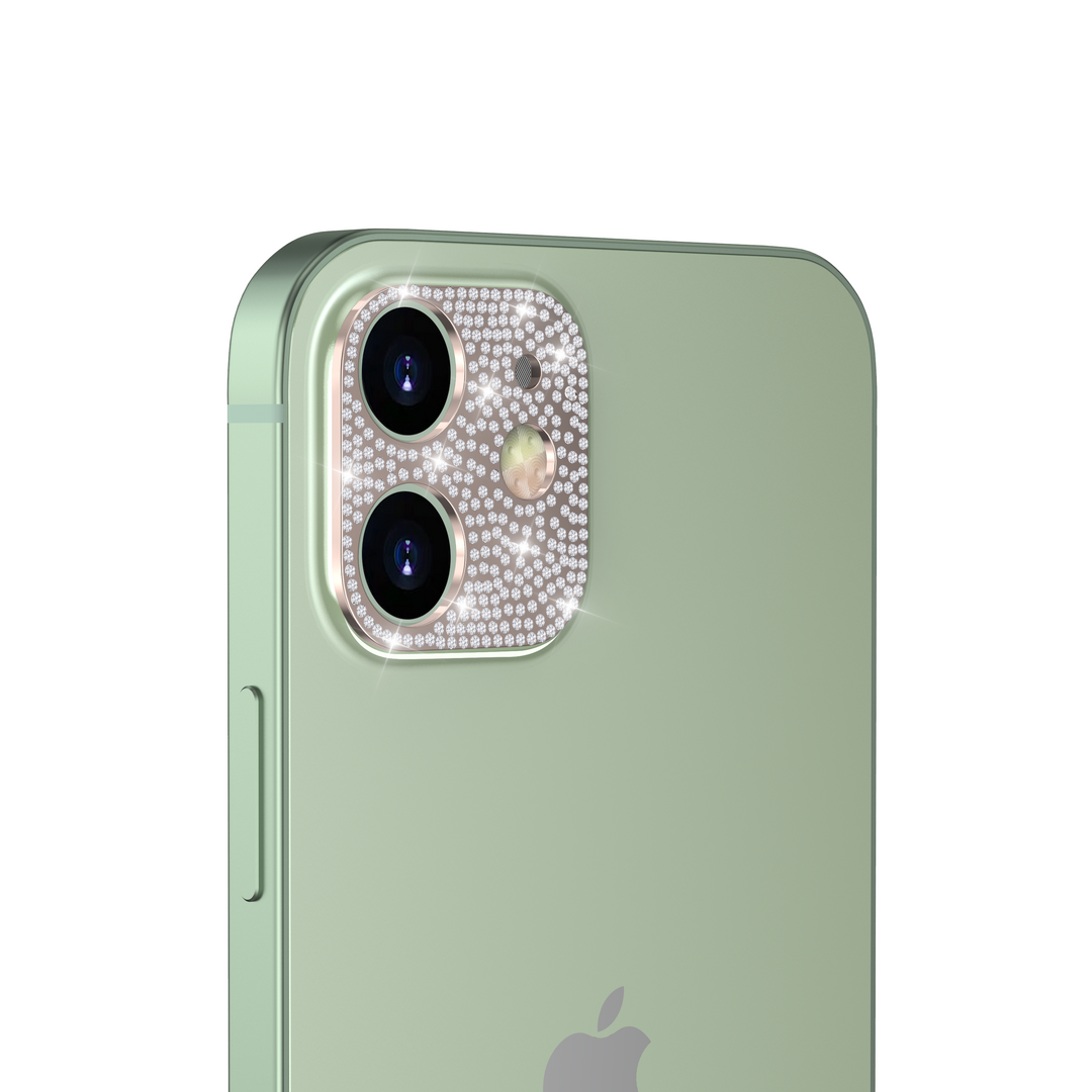 A rose-gold, aesthetic camera cover, made with faux diamond rhinestones. The camera cover is fitted for the iPhone 12. #color_rose-gold