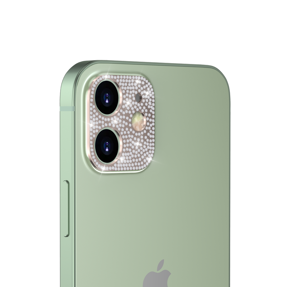 A rose-gold, aesthetic camera cover, made with faux diamond rhinestones. The camera cover is fitted for the iPhone 12 Pro. #color_rose-gold