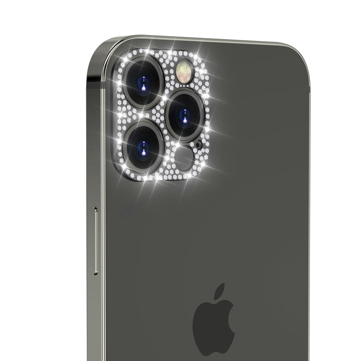 A black, aesthetic camera cover, made with faux diamond rhinestones. The camera cover is fitted for the iPhone 12 Pro Max. #color_black