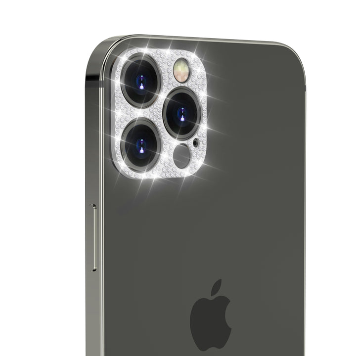 A silver, aesthetic camera cover, made with faux diamond rhinestones. The camera cover is fitted for the iPhone 12 Pro Max. #color_silver