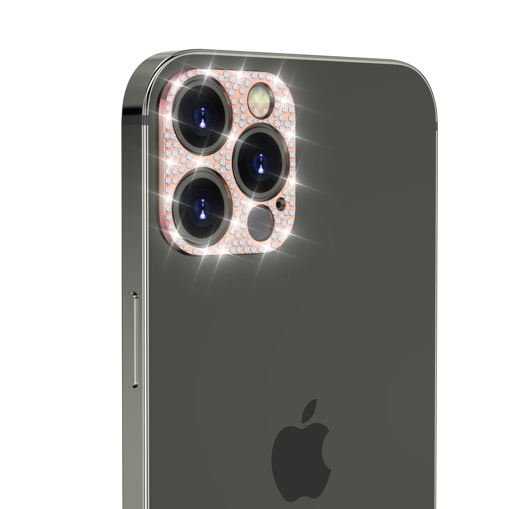A rose-gold, aesthetic camera cover, made with faux diamond rhinestones. The camera cover is fitted for the iPhone 12 Pro Max. #color_rose-gold