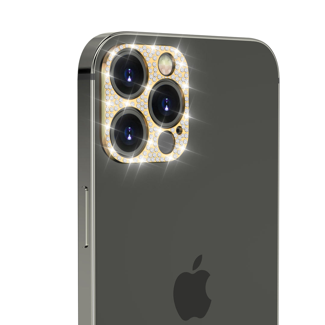 A gold-colored, aesthetic camera cover, made with faux diamond rhinestones. The camera cover is fitted for the iPhone 12 Pro Max. #color_yellow-gold