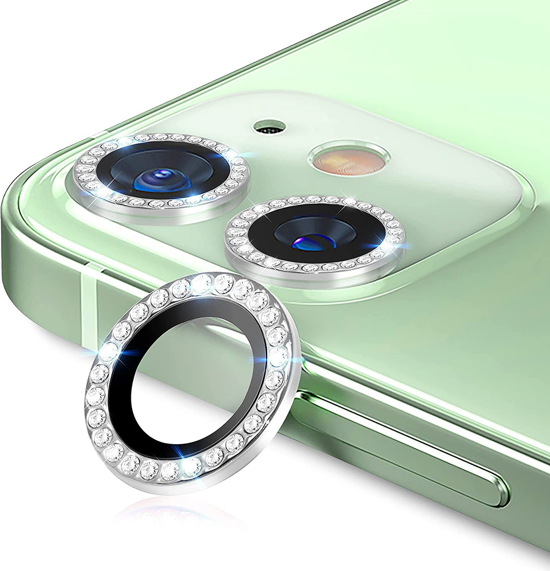 Two camera lens protector for the iPhone 12 or iPhone 12 Mini, with silver and diamond-studded trim. #color_clear