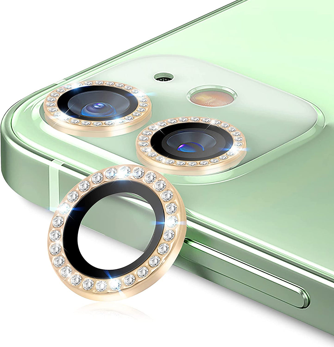 Two camera lens protector for the iPhone 12 or iPhone 12 Mini, with gold and diamond-studded trim. #color_rose-gold
