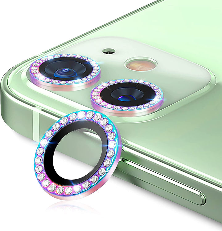 Two camera lens protector for the iPhone 12 or iPhone 12 Mini, with rainbow-colored and diamond-studded trim.#color_rainbow