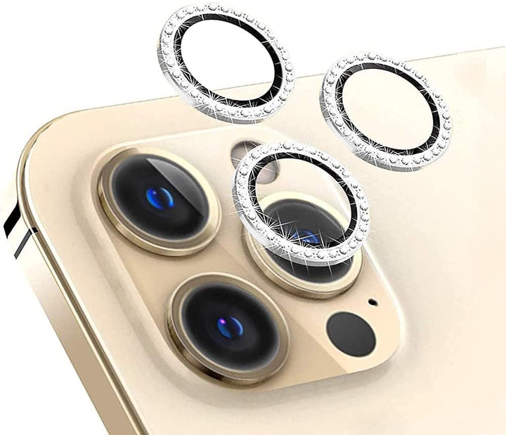 Three white-colored, faux diamond studded borders, lens protectors for the iPhone 12 Pro Max. #color_clear