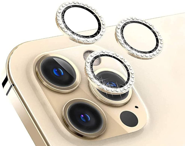 Three rose-gold, faux diamond studded borders, lens protectors for the iPhone 12 Pro Max. #color_rose-gold