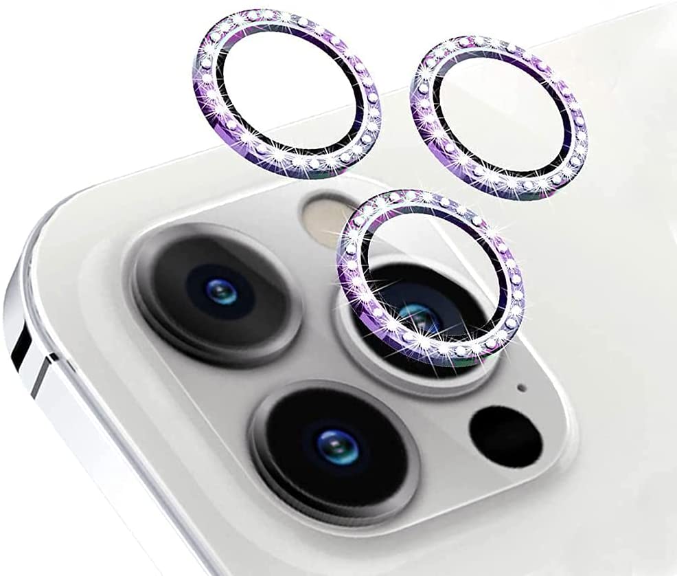 Three rainbow-colored, faux diamond studded borders, lens protectors for the iPhone 12 Pro Max. #color_rainbow
