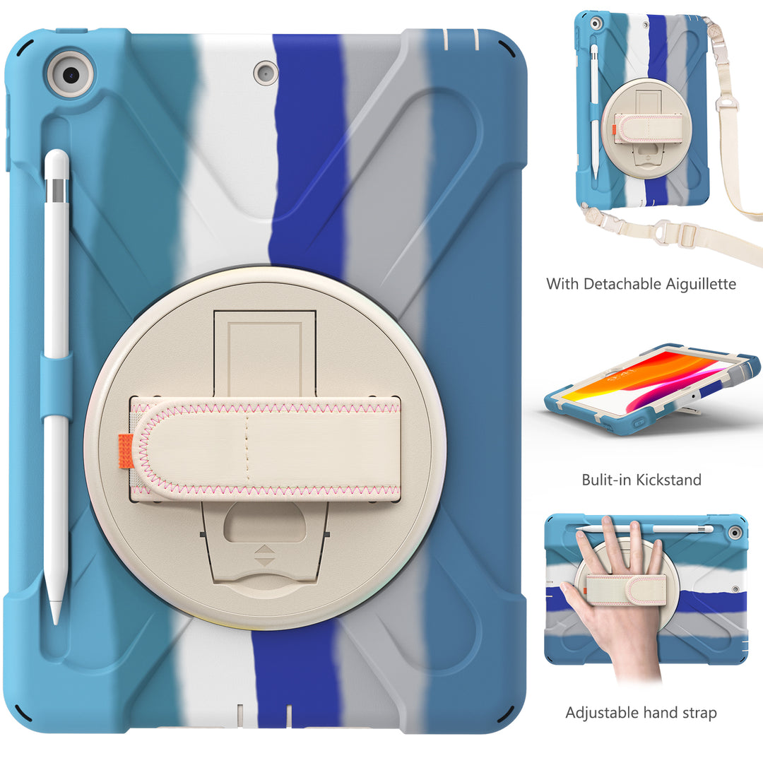 Apple iPad 10.2 9th/8th/7th Generation Case 360 rotating adjustable padded hand strap #color_blue-rainbow
