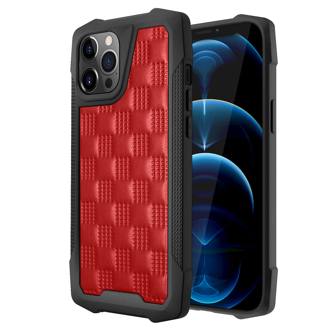 An Apple iPhone 12 Pro Max case, with red checkered patterns in the back, and black trim. #color_red