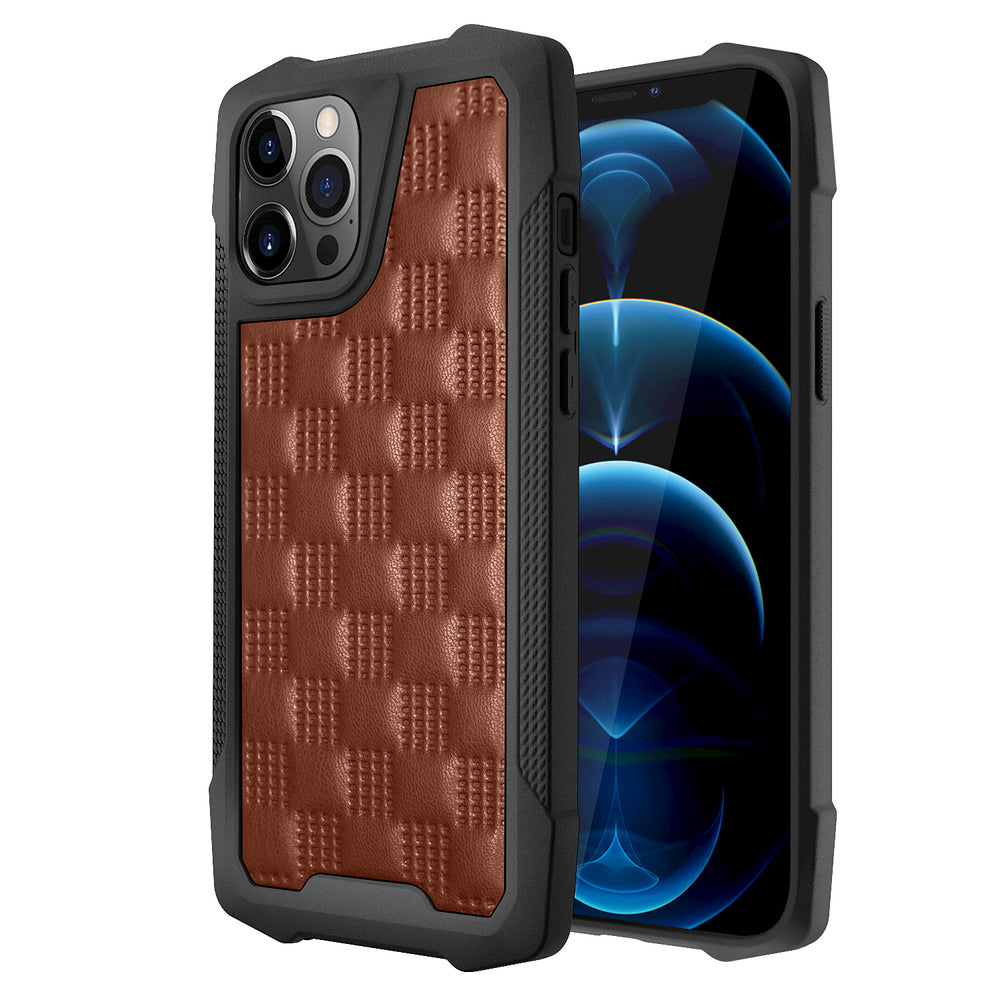 An Apple iPhone 12 Pro Max case, with brown checkered patterns in the back, and black trim. #color_brown