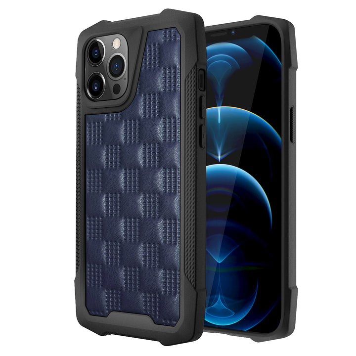 An Apple iPhone 12 Pro Max case, with blue checkered patterns in the back, and black trim. #color_dark-blue