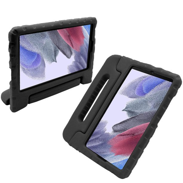 A tablet covered in a black foam case. The case has a handle and tilt-stand. #color_black