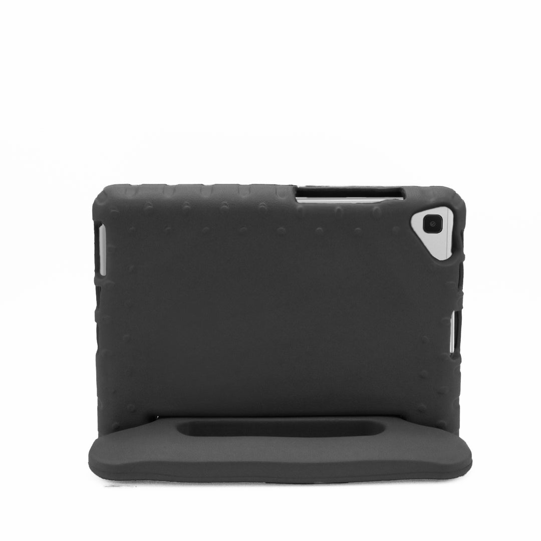 A tablet covered in a black foam case. The case has a handle and tilt-stand. #color_black