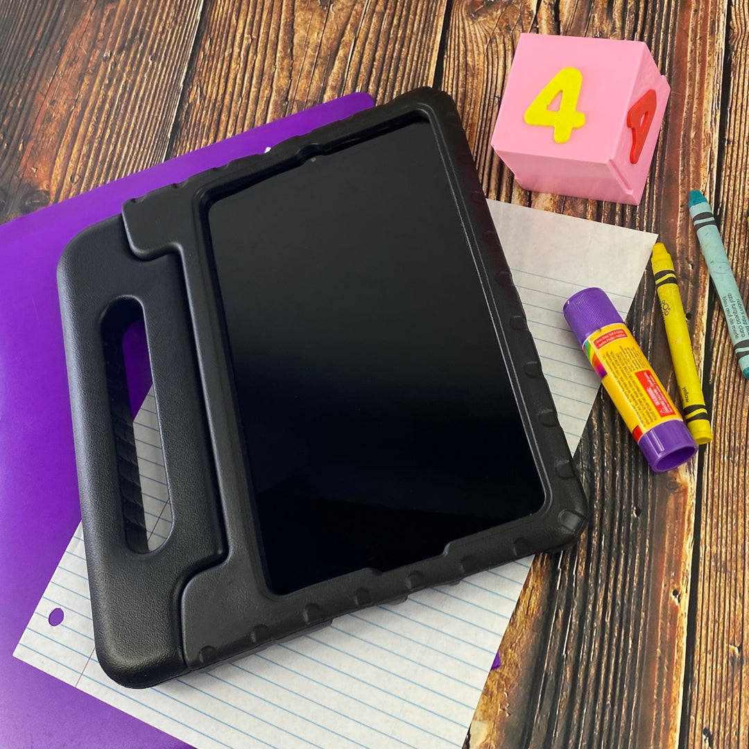 A tablet covered in a black foam case. The case has a handle. #color_black