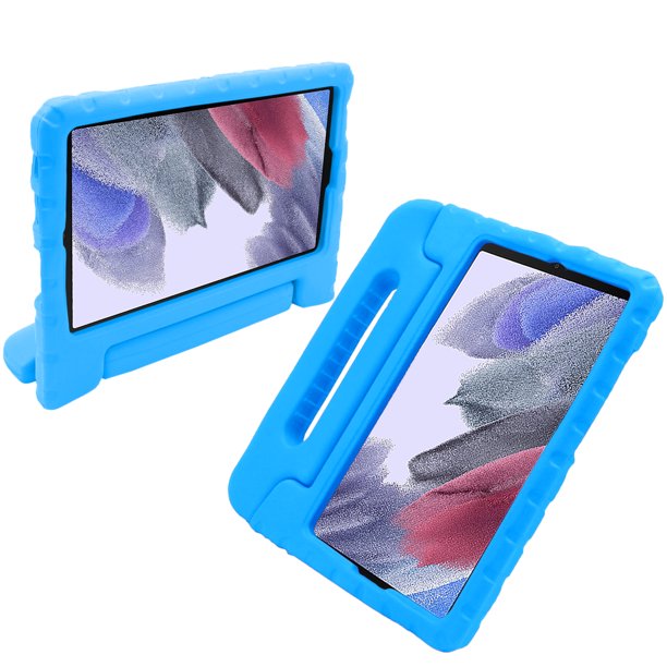 A tablet covered in a blue foam case. The case has a handle and tilt-stand. #color_blue