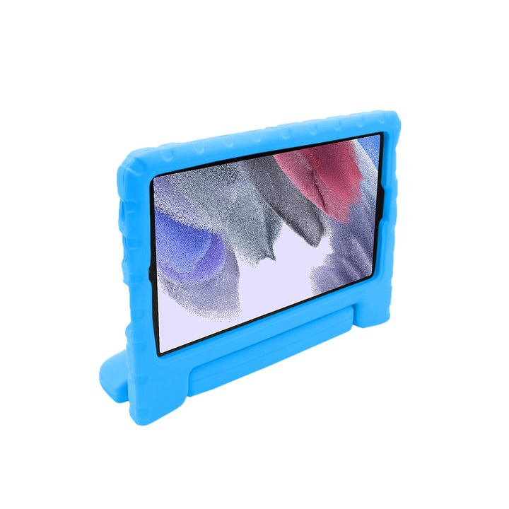 A tablet covered in a blue foam case. The case has a handle and tilt-stand. #color_blue