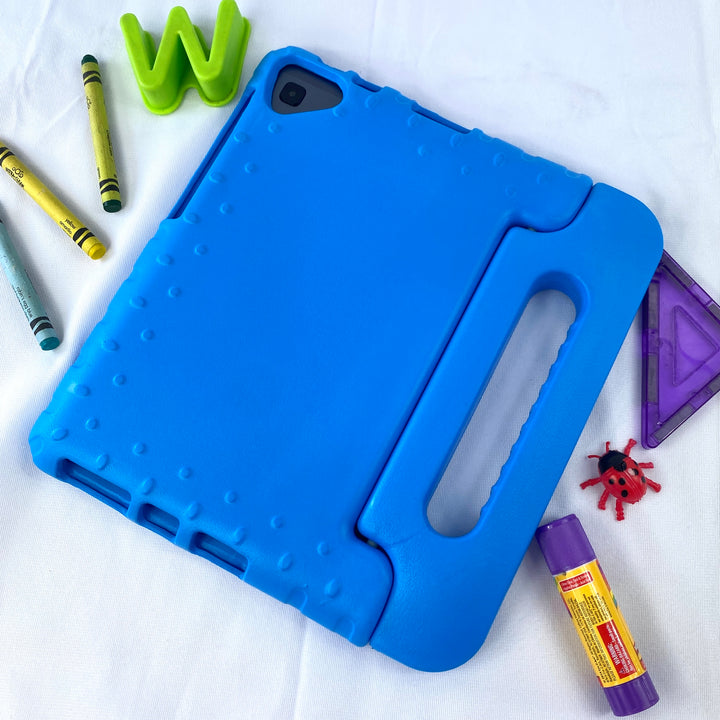 A tablet covered in a blue foam case. The case has a handle. #color_blue