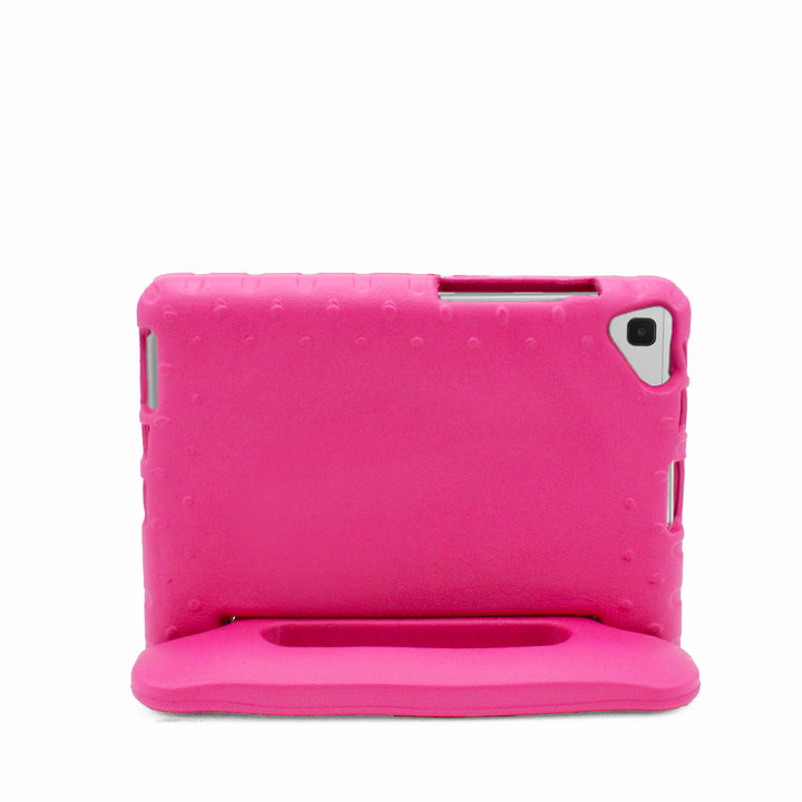A tablet covered in a pink foam case. The case has a handle and tilt-stand. #color_hot-pink