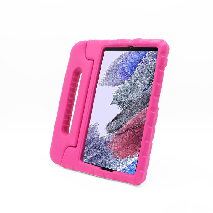A tablet covered in a pink foam case. The case has a handle. #color_hot-pink