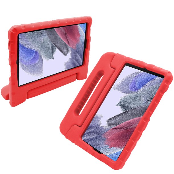 A tablet covered in a red foam case. The case has a handle and tilt-stand. #color_red