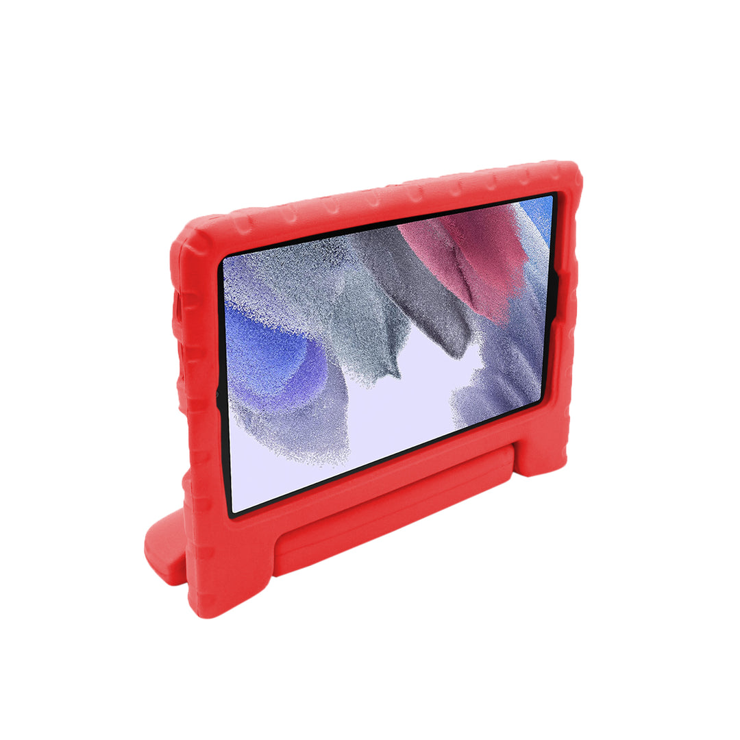 A tablet covered in a red foam case. The case has a handle and tilt-stand. #color_red
