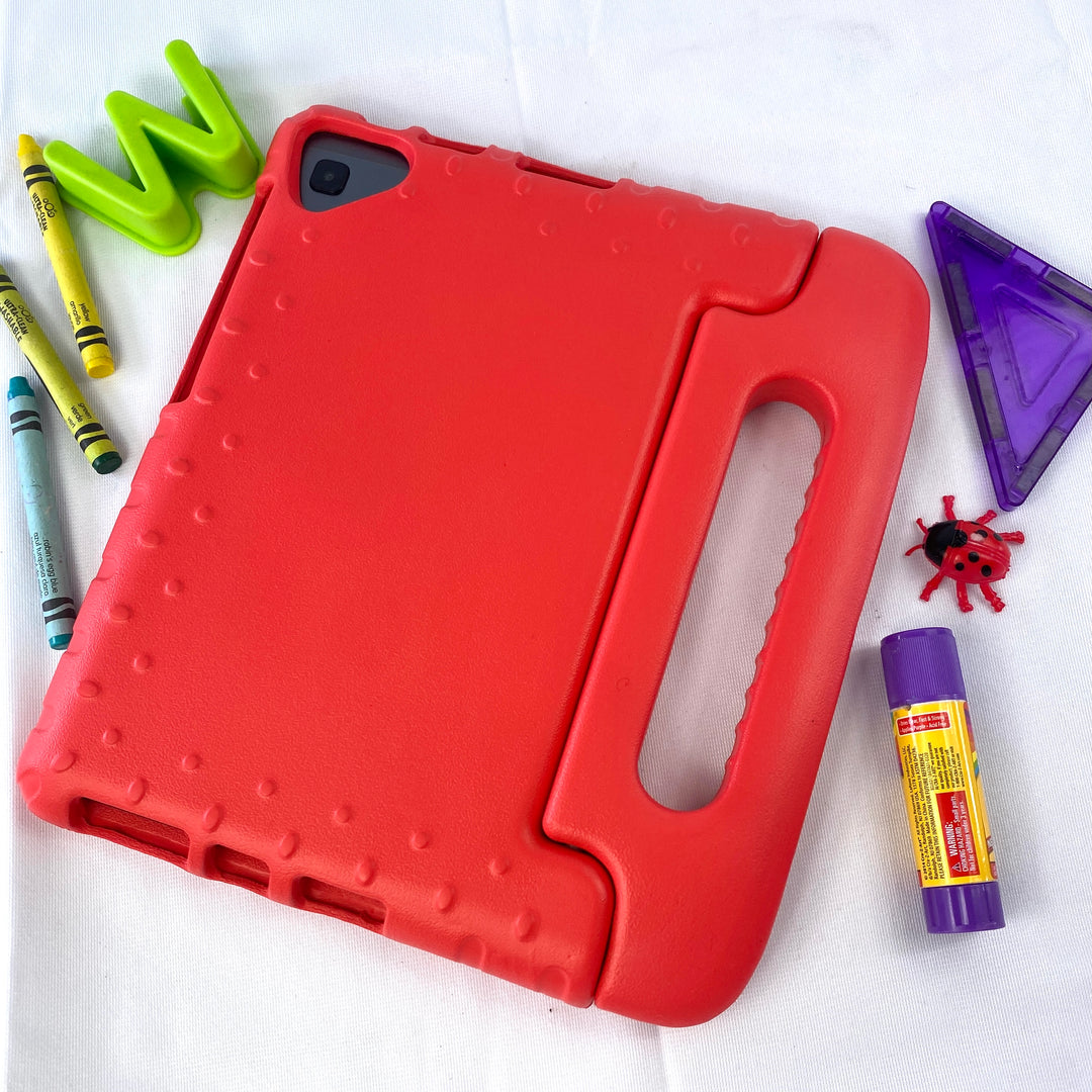 A tablet covered in a red foam case. The case has a handle. #color_red