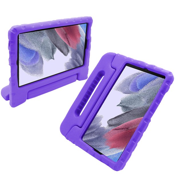 A tablet covered in a purple foam case. The case has a handle and tilt-stand. #color_purple