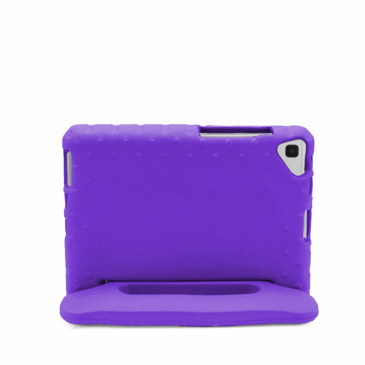 A tablet covered in a purple foam case. The case has a handle and tilt-stand. #color_purple