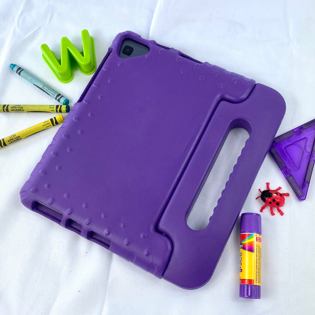 A tablet covered in a purple foam case. The case has a handle. #color_purple