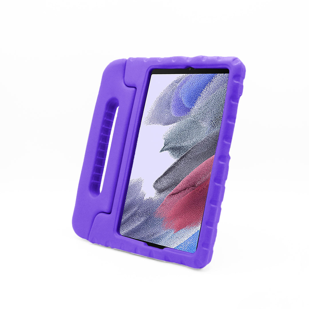 A tablet covered in a purple foam case. The case has a handle. #color_purple
