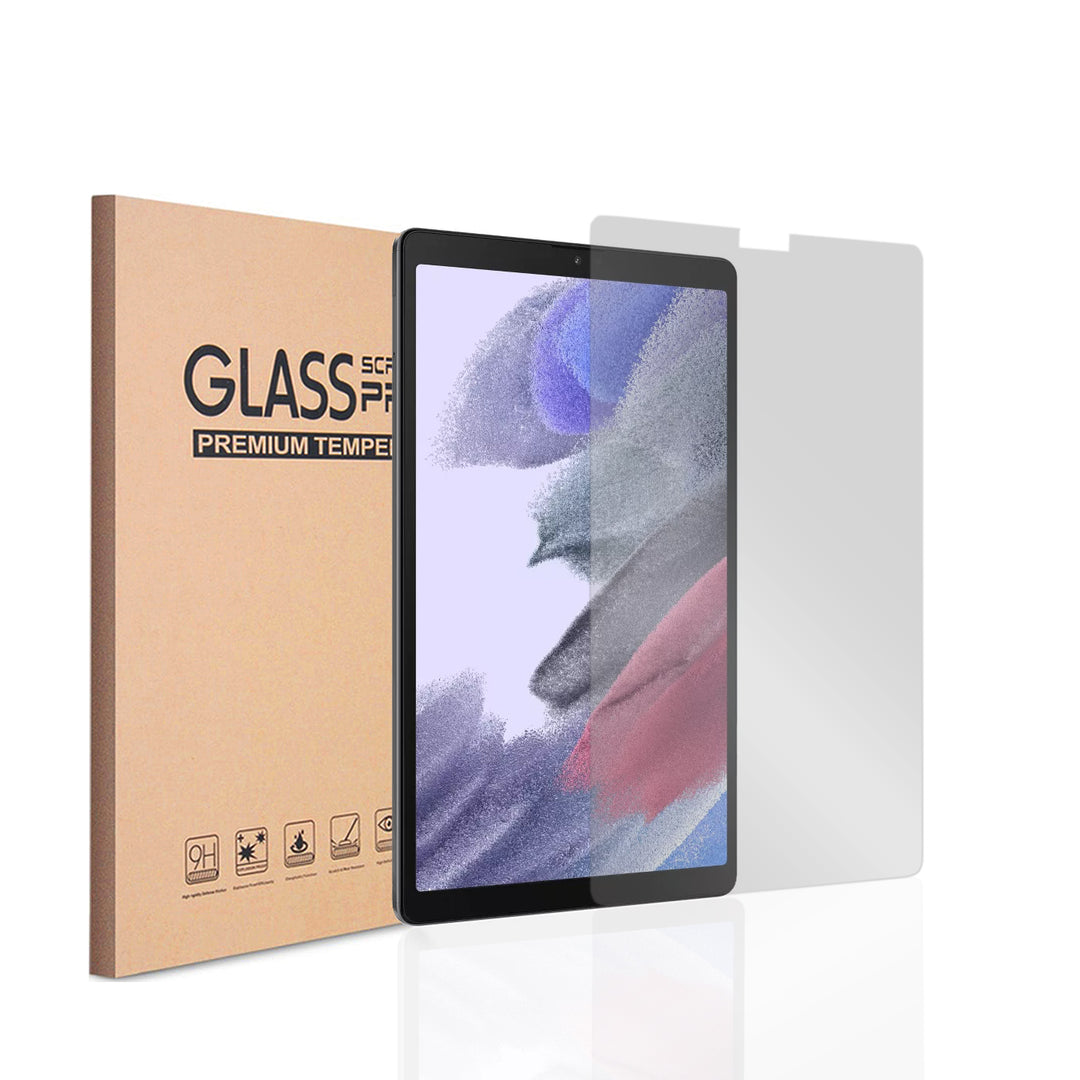 A sand-colored case labeled, "Glass Screen Pro: Premium Tempered". A transparent screen protector hovering over a tablet.