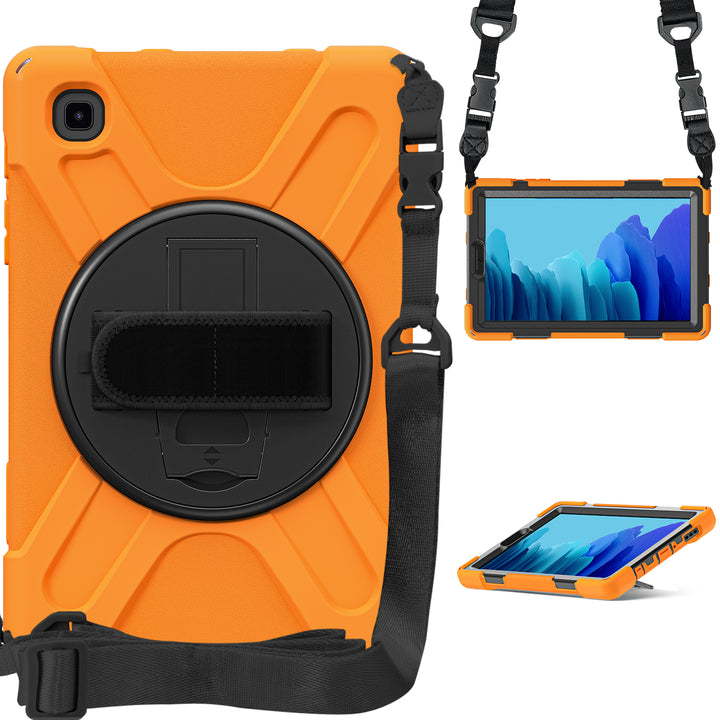 A tablet covered in a black-polymer and orange-silicone case. The case has a kickstand, hand-strap, and shoulder strap. The kickstand is extended to hold the tablet in a tilted position. #color_black-orange