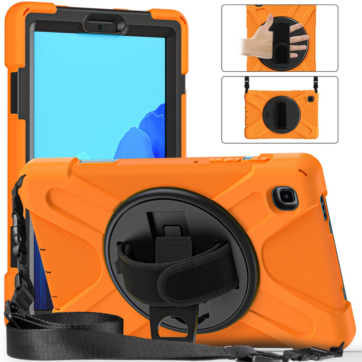 A tablet covered in a black-polymer and orange-silicone case. The case has a kickstand, hand-strap, and shoulder strap. The kickstand is extended to hold the tablet in a tilted position. #color_black-orange