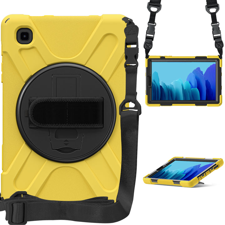 A tablet covered in a black-polymer and yellow-silicone case. The case has a kickstand, hand-strap, and shoulder strap. The kickstand is extended to hold the tablet in a tilted position. #color_black-yellow