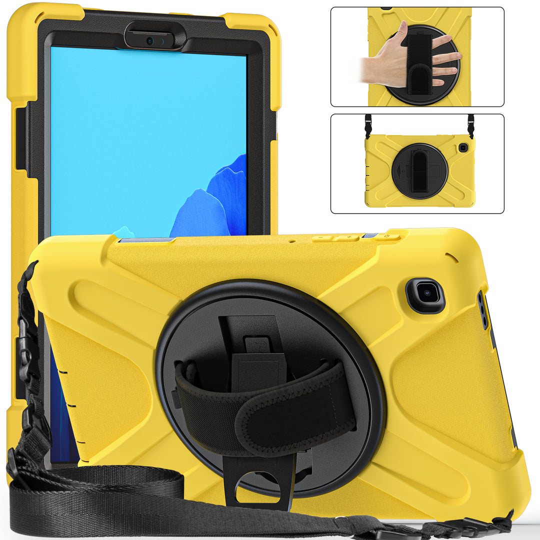 A tablet covered in a black-polymer and yellow-silicone case. The case has a kickstand, hand-strap, and shoulder strap. The kickstand is extended to hold the tablet in a tilted position. #color_black-yellow