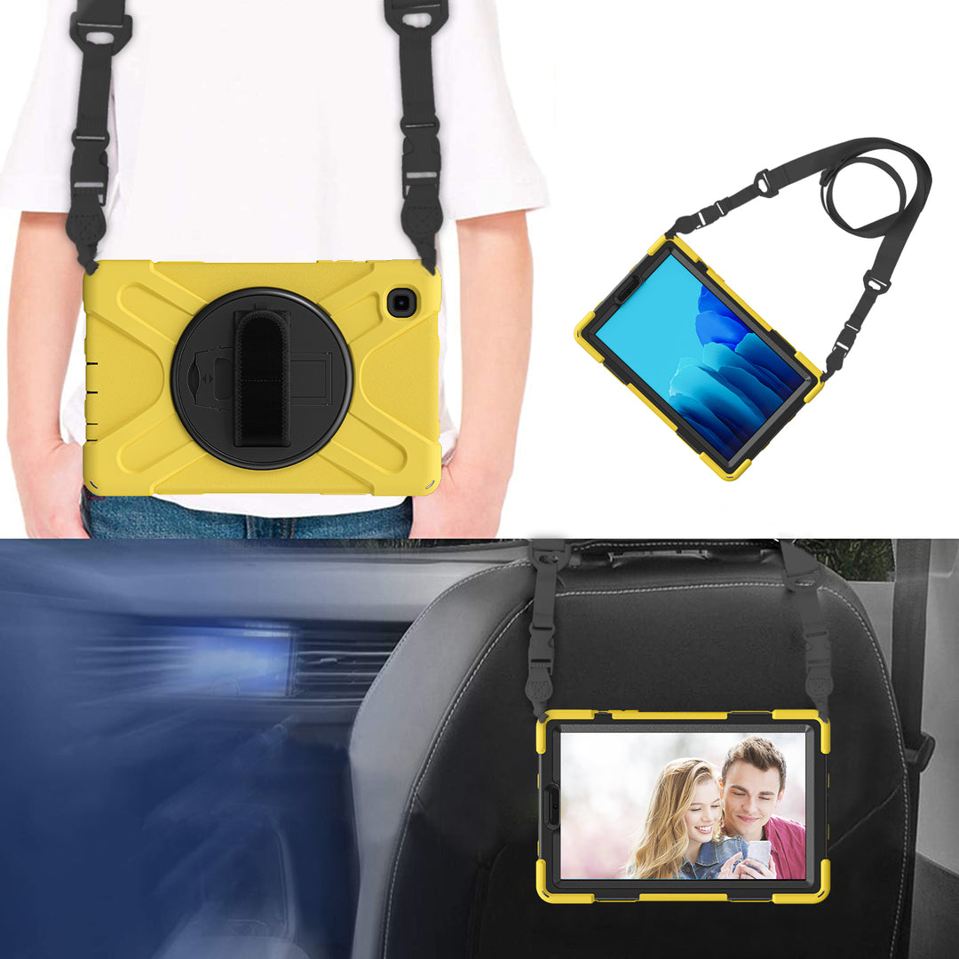 Samsung Galaxy Tab A7 Lite Case 8.7 Inch tablet case in a black-polymer and silicone case. The shoulder strap proves easy hands free transportation and straps or hangs on any object. #color_black-yellow
